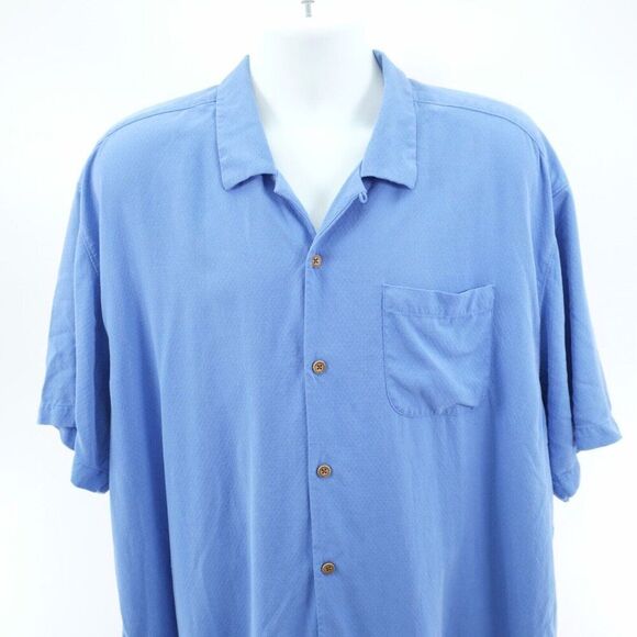 Tommy Bahama Blue 100% Silk‎ XLX "High & Tight" Hawaiian Bowling Dress Shirt - Picture 1 of 12